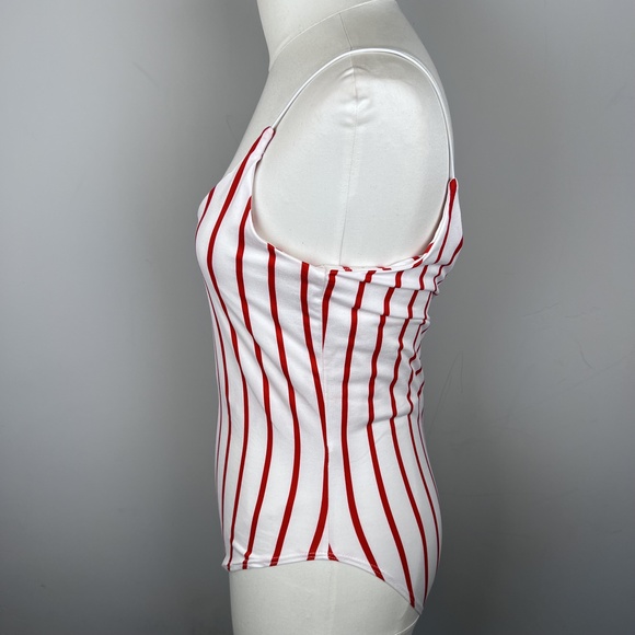 ON THRED UP - Gaze Red&White Striped Bodysuit Tank Rope Strap Double Lining - Picture 13 of 15